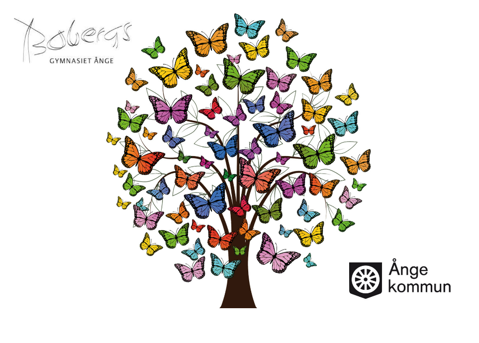 illustration av ett träd där bladen föreställer fjärilar logga ånge kommun & Bobergsgymnasiet 
