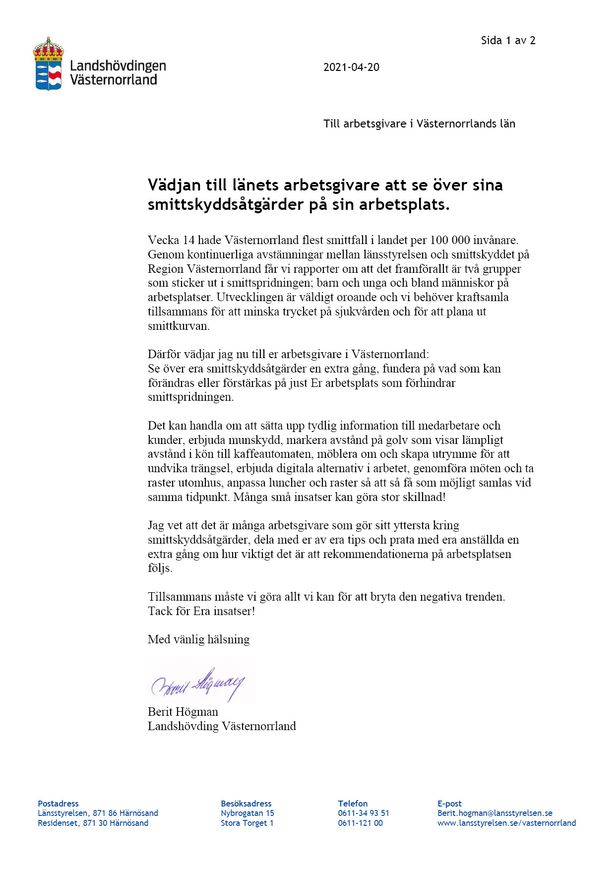 Bilden är ett brev till arbetsgivare i Västernorrlands län från Landshövding Berit Högman, daterat den 20 april 2021. Du kan ladda hem ett uppläsningsbart pdf-dokument från den här sidan med samma innehåll.