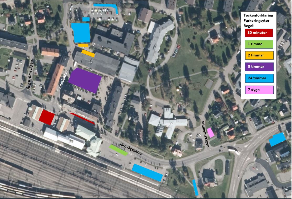 Kartbild över parkeringsplatser i Ånge tätort.